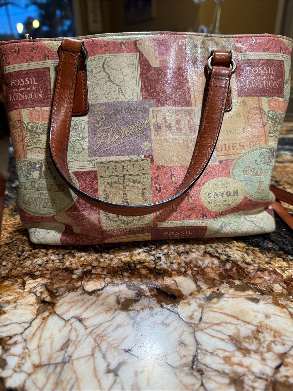 Vintage FOSSIL Leather Postcard Print Shoulder Bag